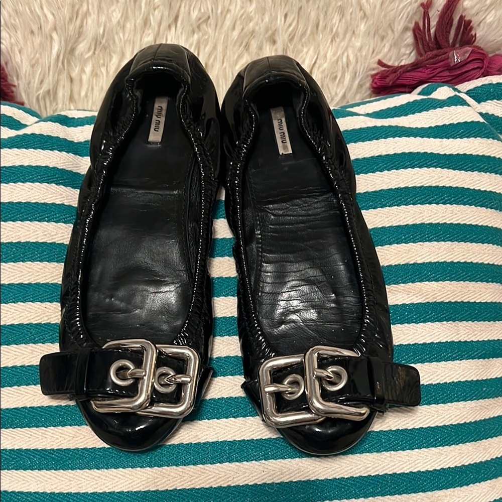 Miu Miu Black and Silver Flats with Decorative Buckles